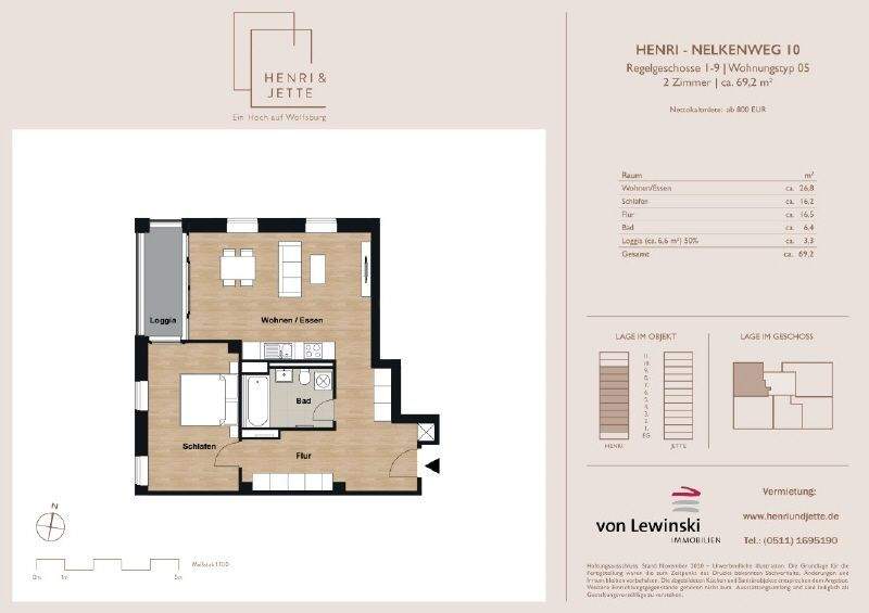 Etagenwohnung Wolfsburg Hellwinkel - 2 Zimmer, 68 m&sup2;, 854&euro; | Angebot:25731540