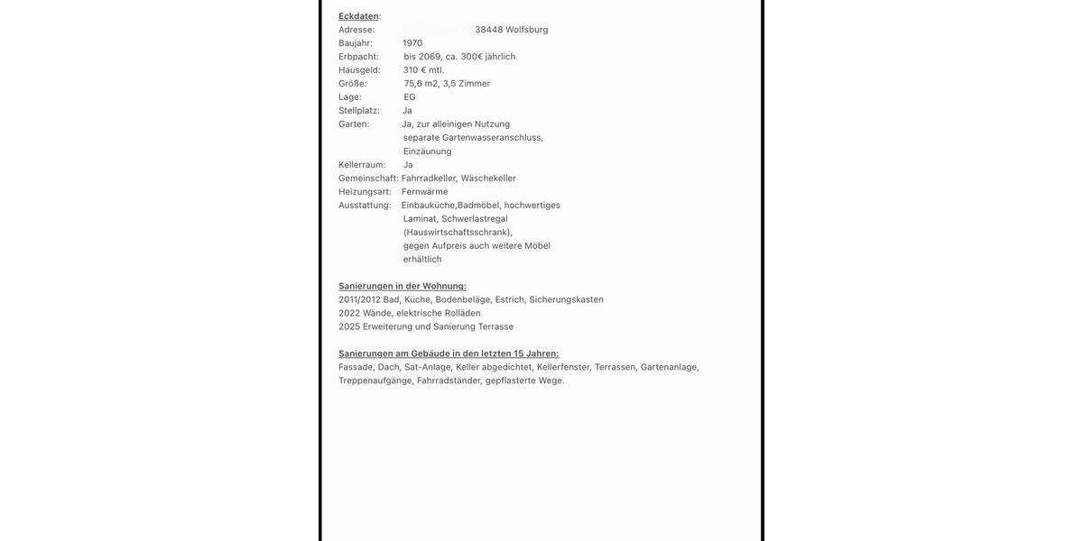 Erdgeschoßwohnung Wolfsburg Alt-Wolfsburg - 3.5 Zimmer, 76 m&sup2;, 235.000&euro; | Angebot:25882676