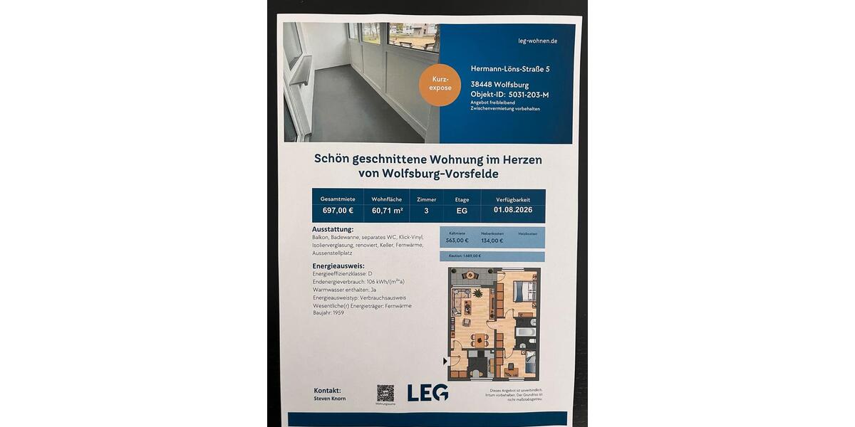 Erdgeschoßwohnung Wolfsburg Alt-Wolfsburg - 3 Zimmer, 61 m&sup2;, 697&euro; | Angebot:26618689