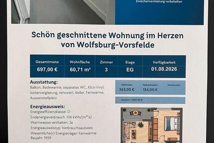Wohnung Wolfsburg Alt-Wolfsburg - 3 Zimmer, 61 m&sup2;, 697&euro; | Angebot:26618689