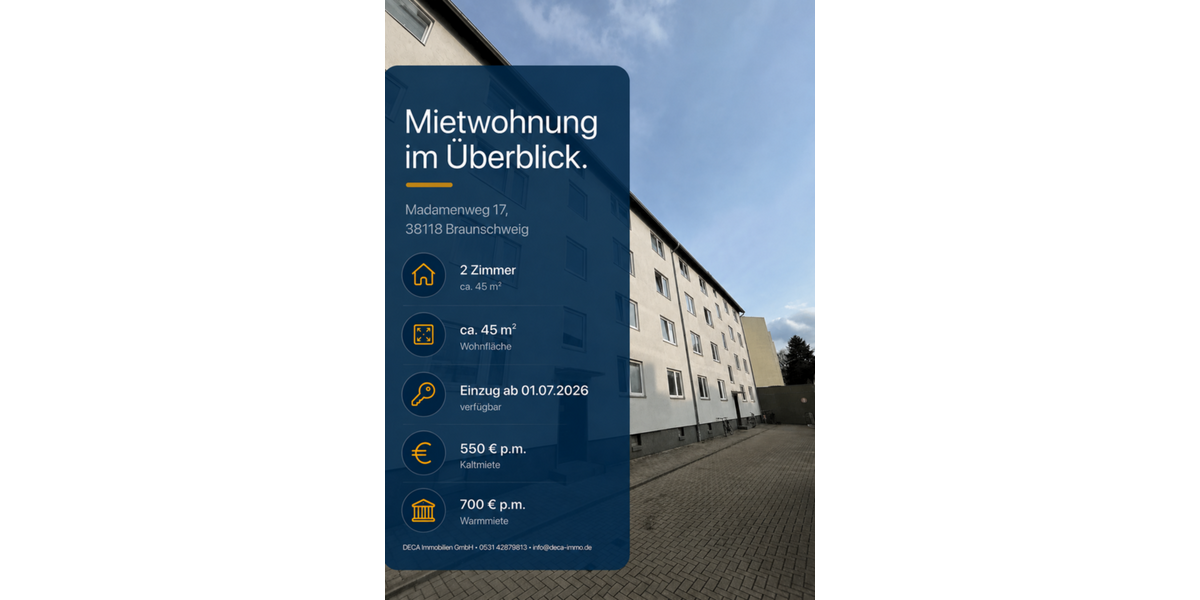 Etagenwohnung Braunschweig Westliches Ringgebiet - 2 Zimmer, 45 m&sup2;, 550&euro; | Angebot:26866999