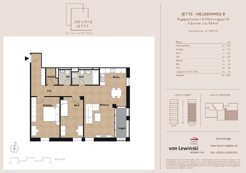 Etagenwohnung Wolfsburg Hellwinkel - 3 Zimmer, 93 m&sup2;, 1.216&euro; | Angebot:26080150