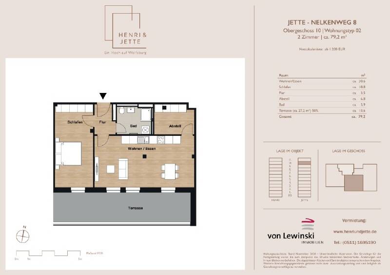 Etagenwohnung Wolfsburg Hellwinkel - 2 Zimmer, 78 m&sup2;, 1.157&euro; | Angebot:26188911
